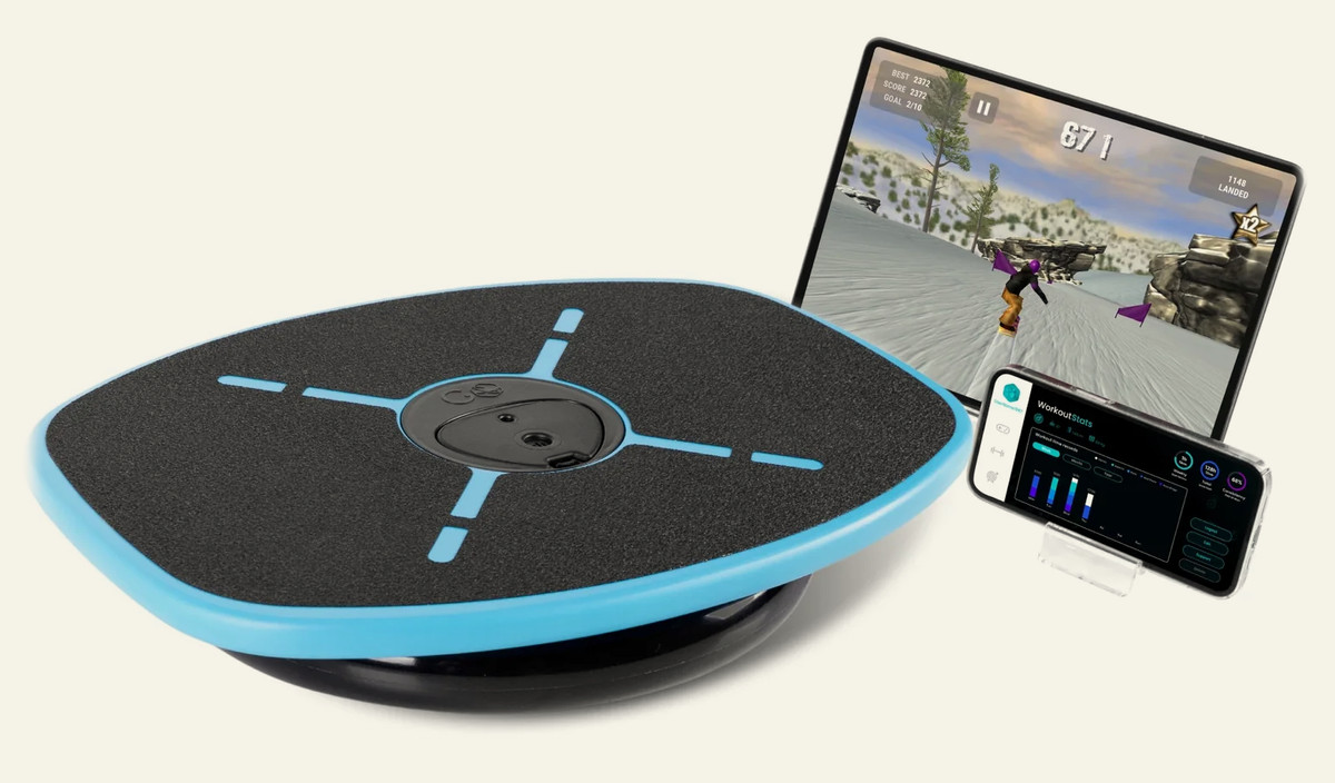 The GoBalance Sport board with the game on a tablet and the stats on a phone
