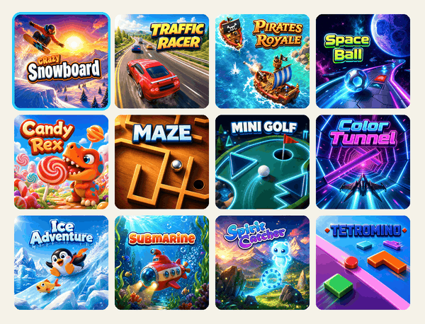 Twelve GoBalance games: Crazy Snowboard, Traffic Racer, Pirates Royale, Space Ball, Candy Rex, Maze, Mini Golf, Color Tunnel, Ice Adventure, Submarine, Spirit Catcher and Tetromino